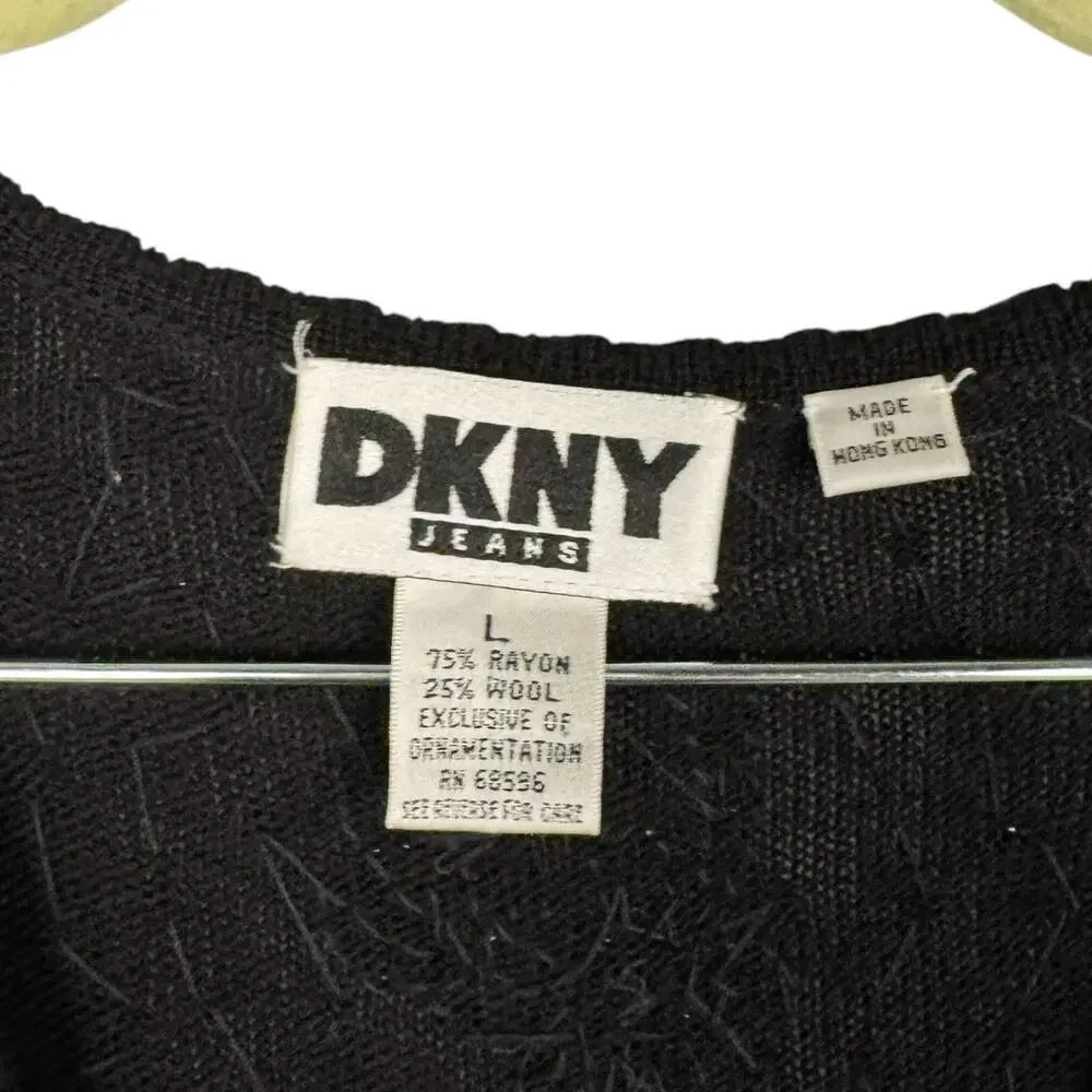 DKNY Vintage Sequin Beaded Embroidered Knit Sweater Vest Large Ugly Xmas Sweater
